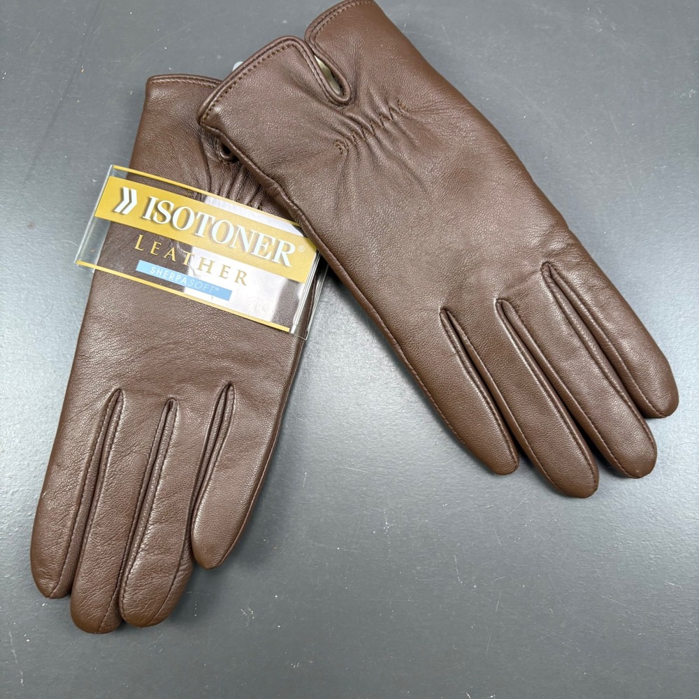 Isotoner Leather SherpaSoft Gloves Brown Pinecone A803J2 Size 7.0 NWT‎
